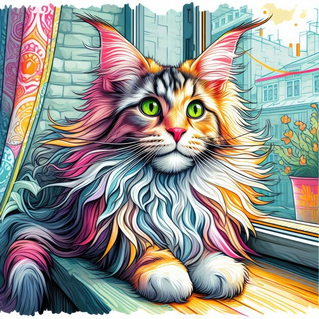 Maine Coon Magiczny ilustrowany portret uroczego kota