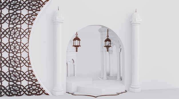 Majestat meczetu Renderuj 3D muzułmańskie podium z pięknym i pięknym białym tłem
