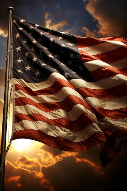 Majestatyczna amerykańska flaga machająca przy zachodzie słońca z dramatycznym niebem
