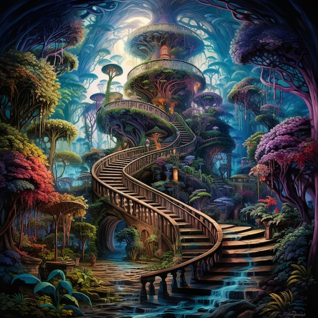 Majestatyczna dżungla wyłania się z skomplikowanych, szczegółowych schodów spiralnych