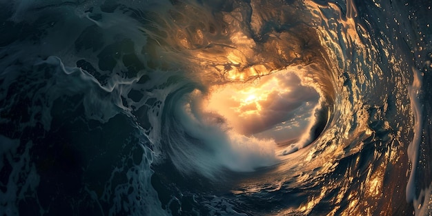 Majestatyczna fala oceaniczna uchwycona przy złotym zachodzie słońca, zawierająca naturę, może być dynamicznym i potężnym zdjęciem morskim, idealnym dla projektów projektowych i artystycznych.