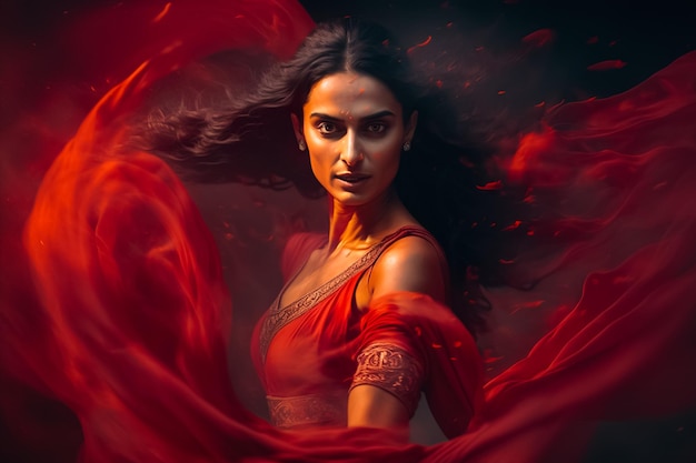 Majestatyczna furia królowej Mahabharatu Draupadi w czerwonym sari