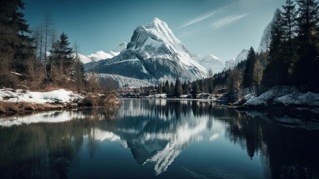 Majestatyczna góra odzwierciedlona w lustrzanym jeziorze Scenic Natural Landscape Generative AI