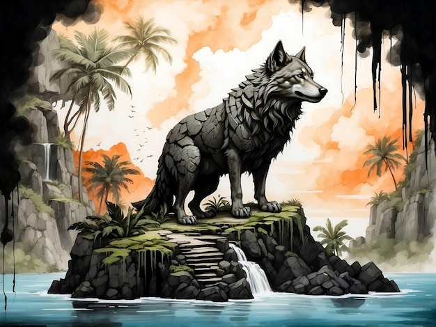 Majestatyczna kamienna rzeźba wilka stoi na skalistym wybrzeżu pośród spokojnego tropikalnego krajobrazu
