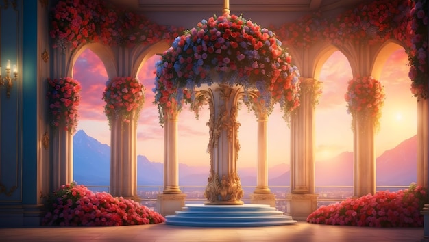 Majestatyczna kolumna ozdobiona żyjącym bukietem róż stojąca wysoko Szczegółowe realistyczne