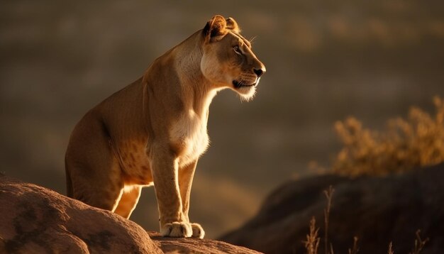 Majestatyczna lwica spacerująca po pustyni oglądająca zachód słońca wygenerowany przez sztuczną inteligencję