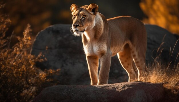 Majestatyczna lwica spacerująca po sawannie. Czujność w jej oczach generowana przez sztuczną inteligencję
