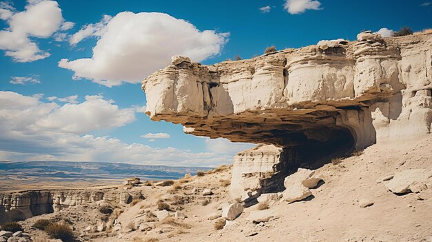 Majestatyczna naturalna formacja skalna z widokiem na rozległy, suchy krajobraz pod niebieskim niebem