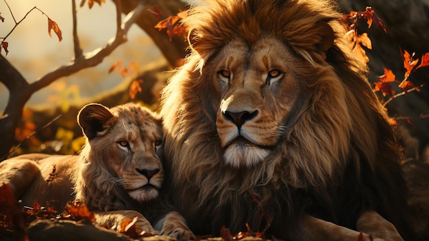 Majestatyczna para lwów afrykańskich kochająca dumę z dżungli Potężne dzikie zwierzę Afryki w przyrodzie