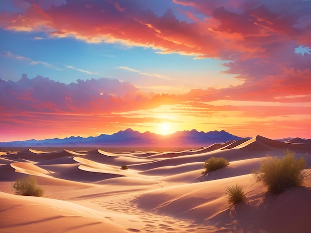 majestatyczna pustynna scena z wydmami piaskowymi rozciągającymi się na horyzoncie