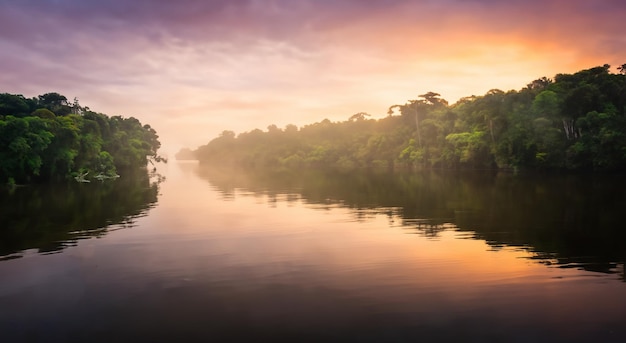 Majestatyczna rzeka Amazonia z pięknym zachodem słońca w tle