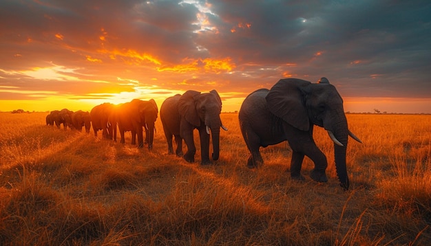 majestatyczna scena stada słoni przechodzących przez afrykańską sawannę o zachodzie słońca