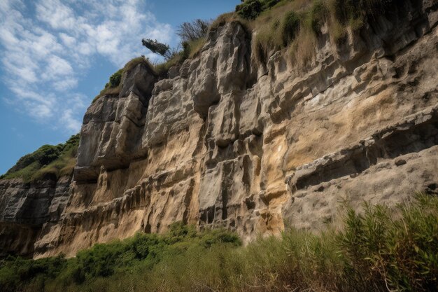 Majestatyczna ściana klifu ze śladami dawnych trzęsień ziemi widocznymi na jej powierzchni