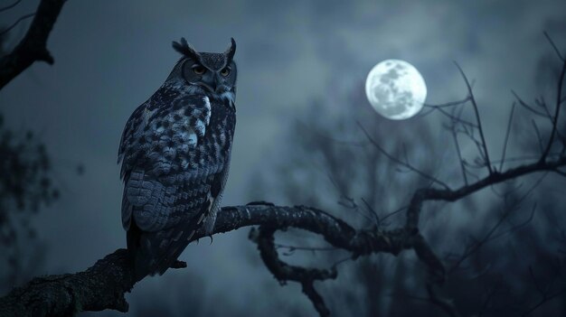 Majestatyczna sowa siedząca na zwartych gałęziach, jej przenikający wzrok skupiony na błyszczącym księżycu.