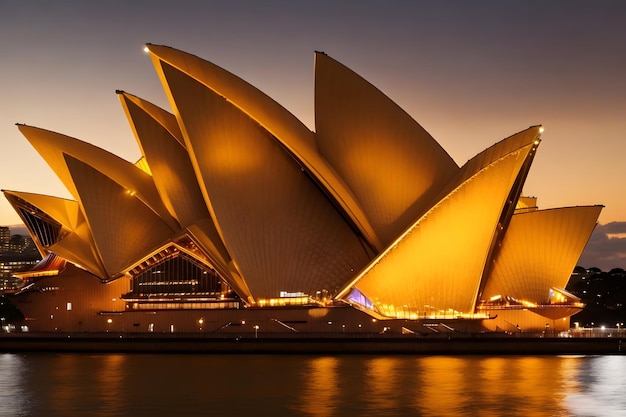 Majestatyczna Sydney Opera House oświetlona olbrzymim złotym promieniowaniem generowanym przez Ai