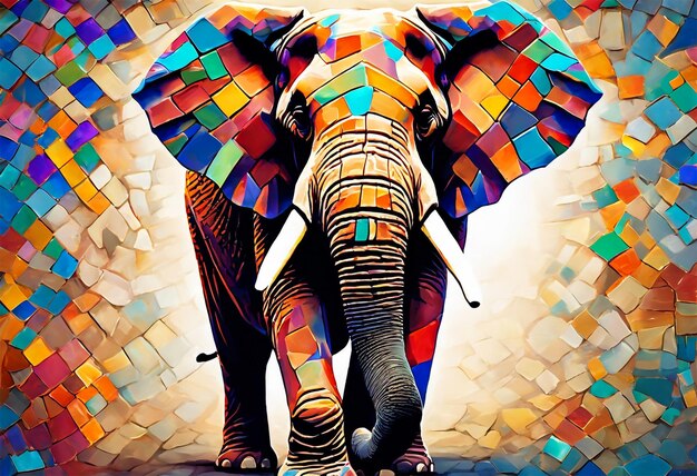 Majestatyczna, zmarszczona skóra słonia przekształca się w tętniącą życiem mozaikę kolorowych płytek
