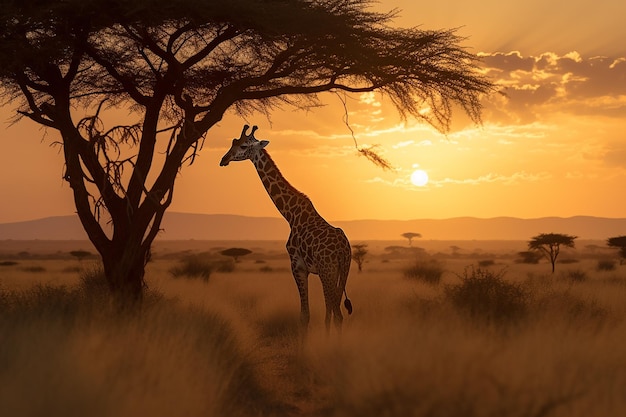 Zdjęcie majestatyczna żyrafa w rozległej afrykańskiej sawannie