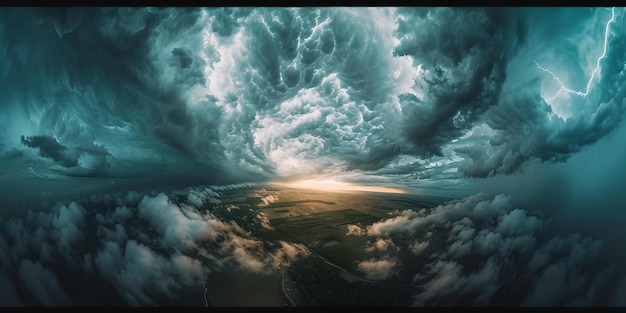 Majestatyczne chmury burzowe otaczające horyzont błyskawicami malownicze zjawisko naturalne surrealistyczny krajobraz eteryczne piękno AI
