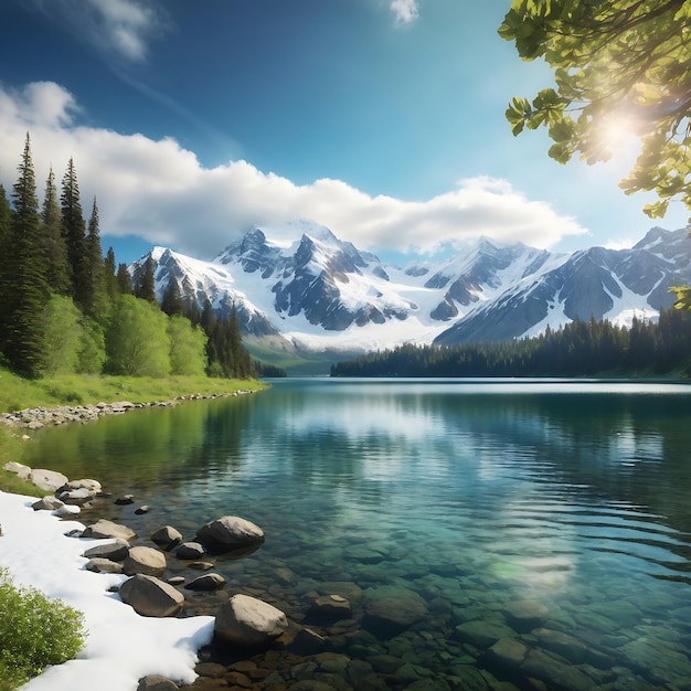Majestatyczne jezioro górskie otoczone bujne zielone drzewa i pokryta śniegiem góra Ai Generated