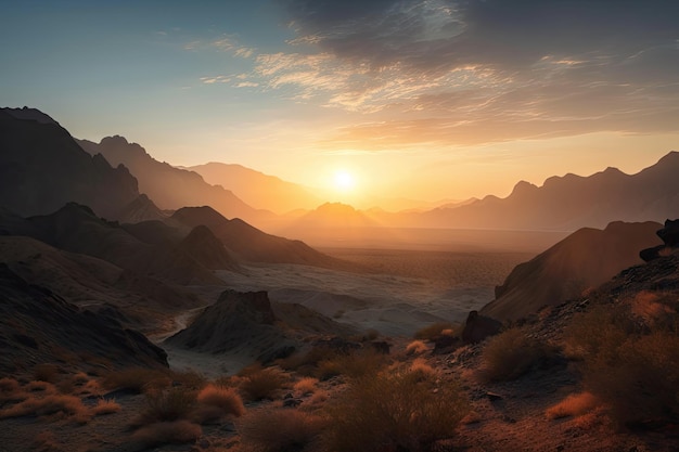 Majestatyczne pasmo górskie na pustyni z niebem wschodu i zachodu słońca