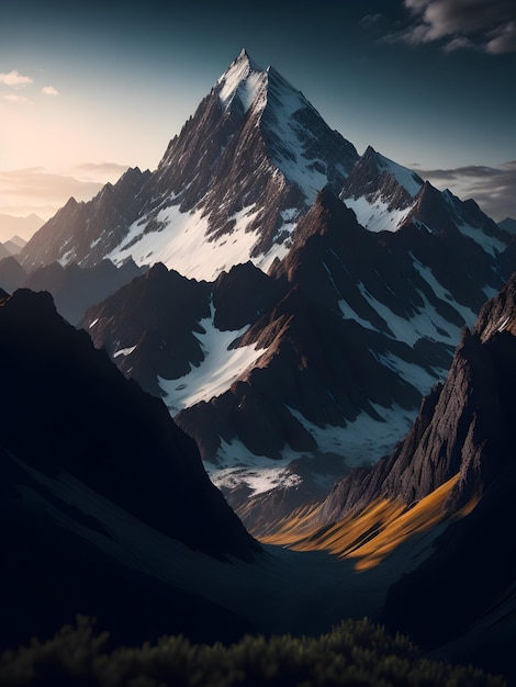 Majestatyczne pasmo górskie oświetlone dramatycznym kontrastem światła i ciemności