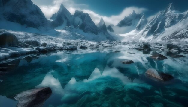 Zdjęcie majestatyczne pasmo górskie śniegu odzwierciedla spokojne piękno natury generowane przez ai