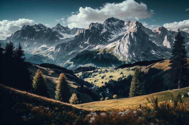 Majestatyczne pasmo górskie z alpejskimi łąkami na pierwszym planie