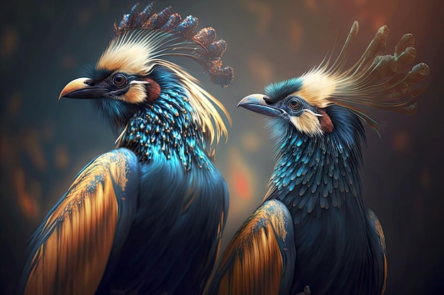 Majestatyczne ptaki królewskie z długimi dziobami i ogonem na niewyraźnym tle generatywnej ai