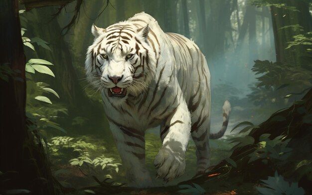 Majestatyczne spotkanie Białego Tygrysa w Zaczarowanym Lesie Generacyjna AI