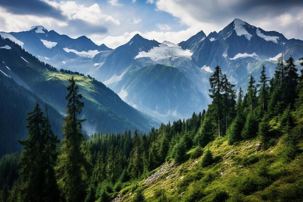 Zdjęcie majestatyczne szczyty reverie, mgła i zielone doliny
