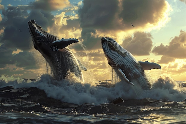 Majestatyczne wieloryby włamujące się w otwartym oceanie