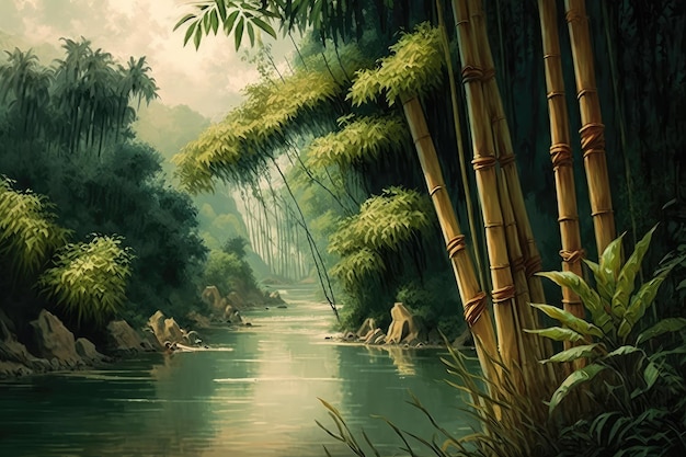 Majestatyczne wysokie drzewa bambusowe rosnące wzdłuż brzegów spokojnej rzeki