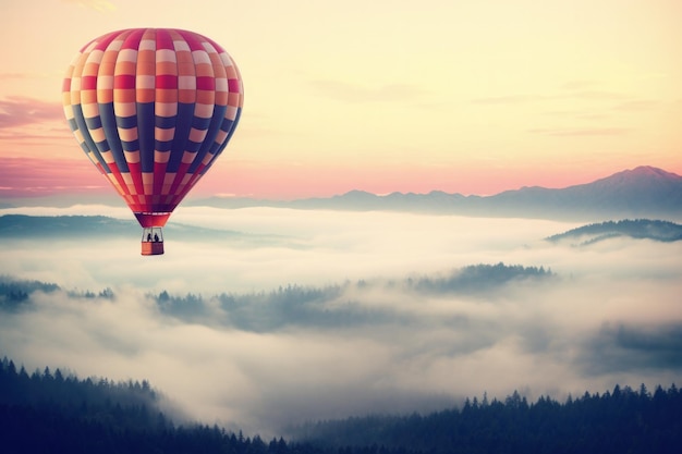 Zdjęcie majestatyczny aerostat balonem na gorące powietrze płynie przez niebo przenosząc się do wymarzonego świata cudów i wolności