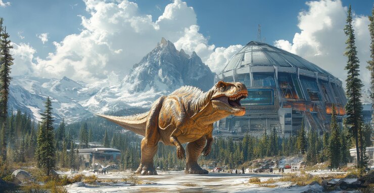 Zdjęcie majestatyczny allosaurus w futurystycznym krajobrazie ze śnieżnymi górami