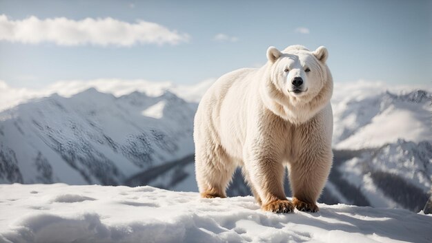 Majestatyczny biały niedźwiedź stojący na szczycie pokrytej śniegiem góry, którego futro lśni w słońcu