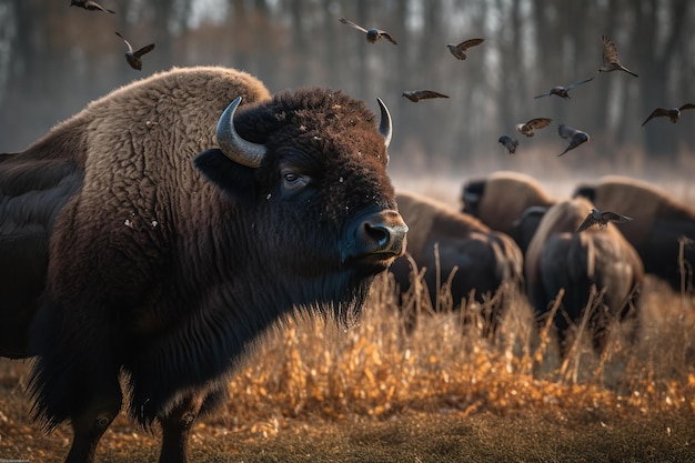 Majestatyczny bizon amerykański otoczony stadem europejskich szpaków na bujnej łące Generacyjna sztuczna inteligencja