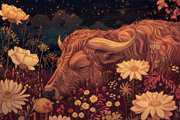 Majestatyczny byk, symbolizujący byka, dumnie stoi na polu kolorowych kwiatów