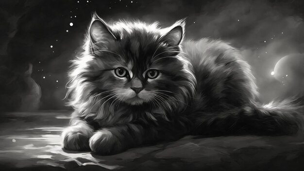 Majestatyczny czarno-biały kotek, którego sierść mieni się w świetle księżyca