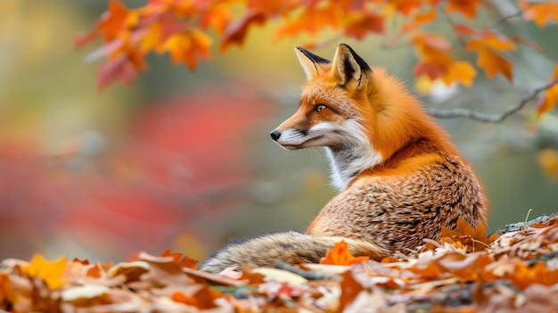 Zdjęcie majestatyczny czerwony lis siedzi w jesiennym lesie otoczony upadłymi liśćmi futro lisów jest żywo pomarańczowe, a jego oczy są głęboko przenikające zielone.