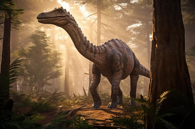 Majestatyczny dinozaur w prehistorycznym lesie generatywnym IA