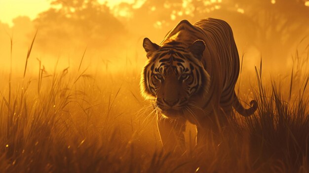 Majestatyczny dziki tygrys bujna dżungla DSLR kamera teleobiektyw złota godzina fotografii dzikiej przyrody