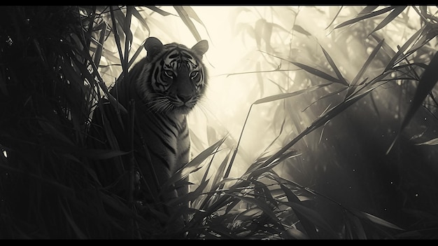 Zdjęcie majestatyczny dziki tygrys bujna dżungla dslr kamera teleobiektyw złota godzina fotografii dzikiej przyrody