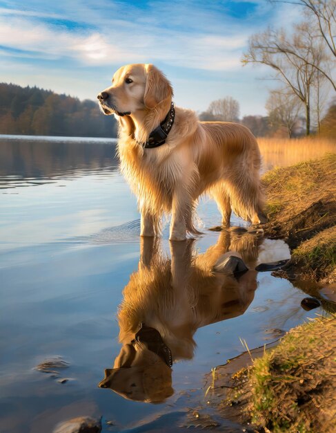 Zdjęcie majestatyczny golden retriever cieszy się przyrodą nad jeziorem z odbiciem nieba i chmur