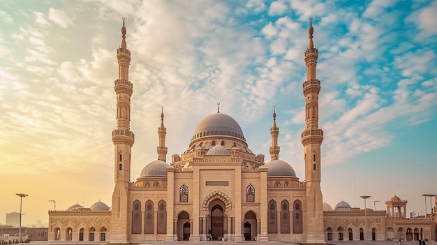 majestatyczny i historyczny meczet z wieżowatymi minaretami, skomplikowanymi wzorami i dużą kopułą