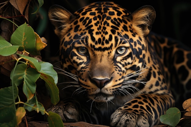 Majestatyczny jaguar spoczywa przy ołtarzu w bujnej dżungli generatywnej IA