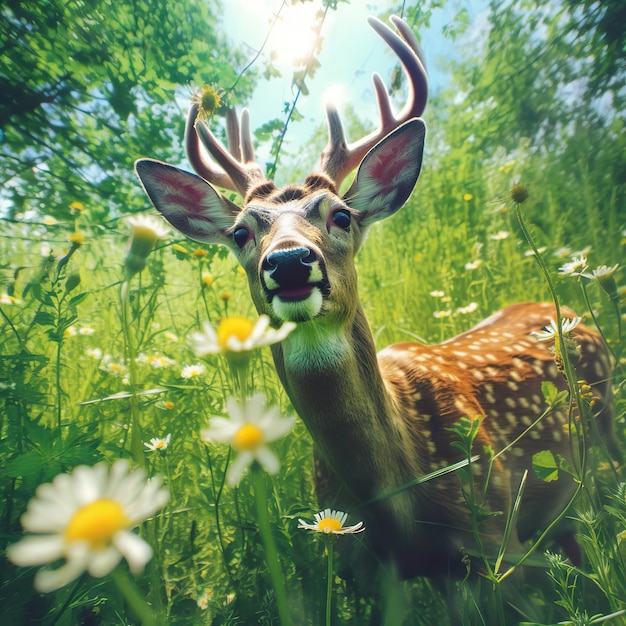 Zdjęcie majestatyczny jeleń pośród kwitnącej łąki