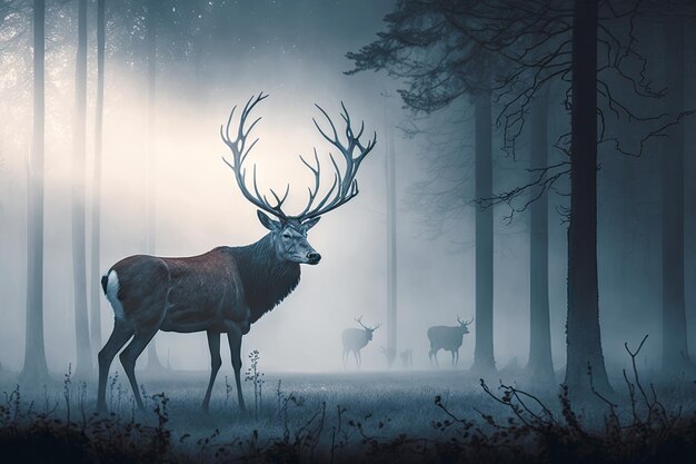 Majestatyczny jeleń w mglistym lesie otoczonym mgłą i spokojem