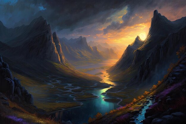 Majestatyczny krajobraz Fantasy Dramatyczny zachód słońca Nastrojowa atmosfera