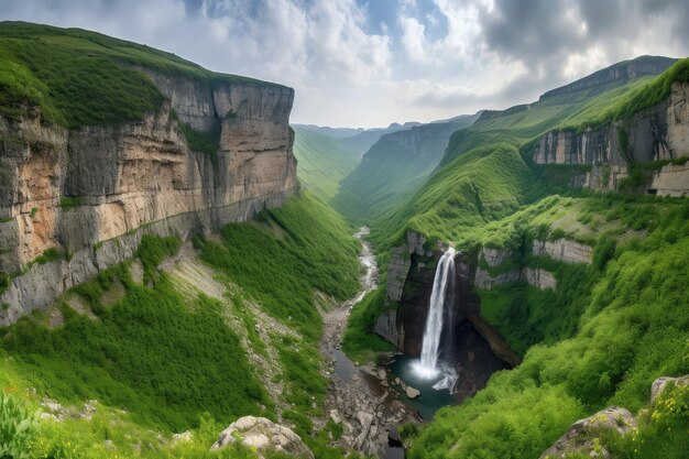 Majestatyczny krajobraz górski z wodospadem spływającym kaskadą po klifach stworzony za pomocą generatywnej sztucznej inteligencji