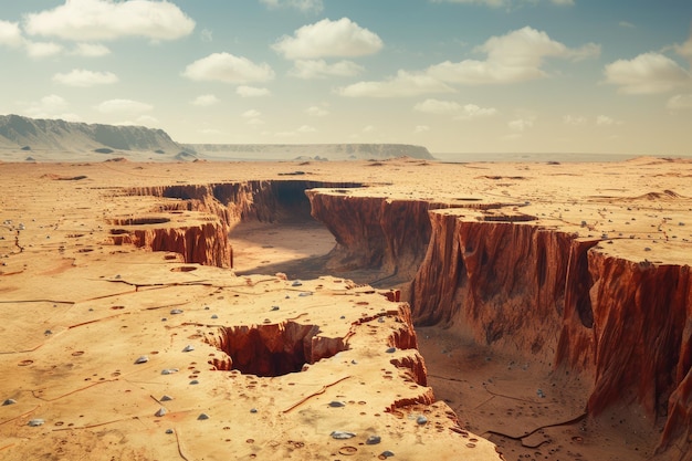 Majestatyczny krajobraz pustynnego kanionu pod jasnoniebieskim niebem z ciepłymi tonami światła słonecznego